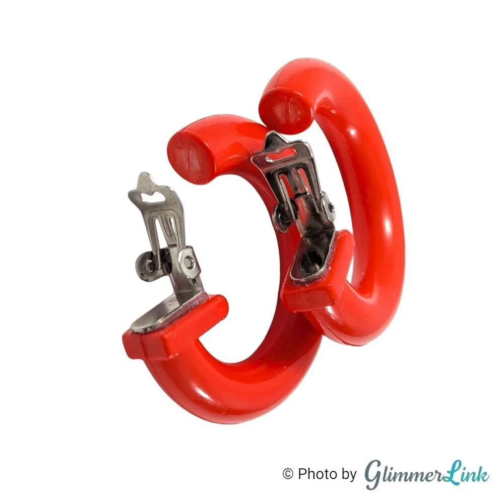 Vintage Orange Red Plastic Hoop Clip On Earrings